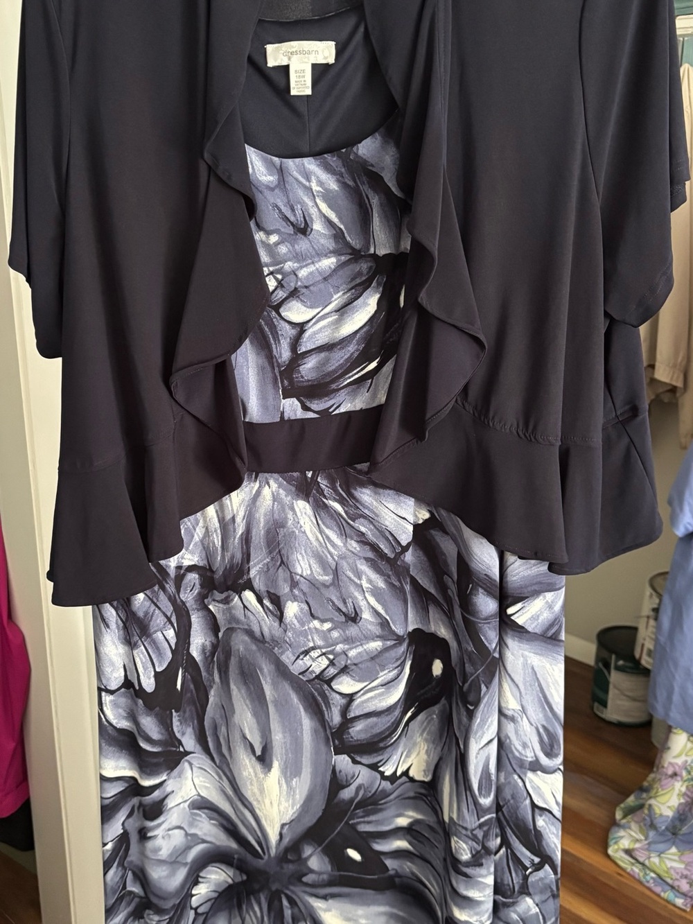Dress Barn Slate and Navy Floral Midi Dress with Ruffle Jacket